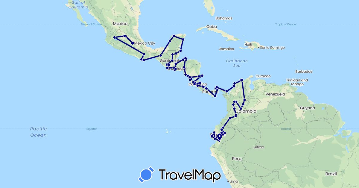 TravelMap itinerary: driving in Belize, Colombia, Costa Rica, Ecuador, Guatemala, Honduras, Mexico, Nicaragua, Panama, El Salvador (North America, South America)